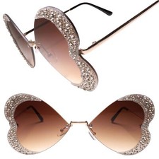Crystal Bling Rhinestone Rimless Butterfly Heart Shape Womens Brown Sunglasses