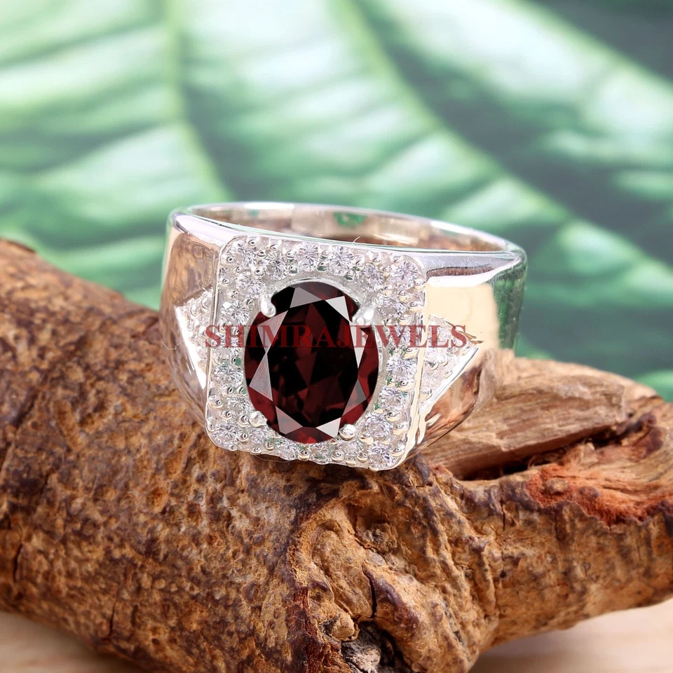 Naturale Granato Gemma Con 18K Placcato Oro Bianco Argento Uomo Anello #324 - Immagine 3 di 4