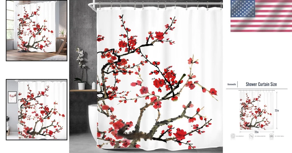 Cortina de ducha japonesa en flor de cerezo 72x72 pulgadas - decoración estética de baño Foto 2 de 4