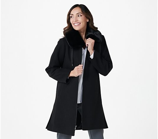 Isaac Mizrahi Live! Faux Wool Coat with Faux Fur Collar-Black