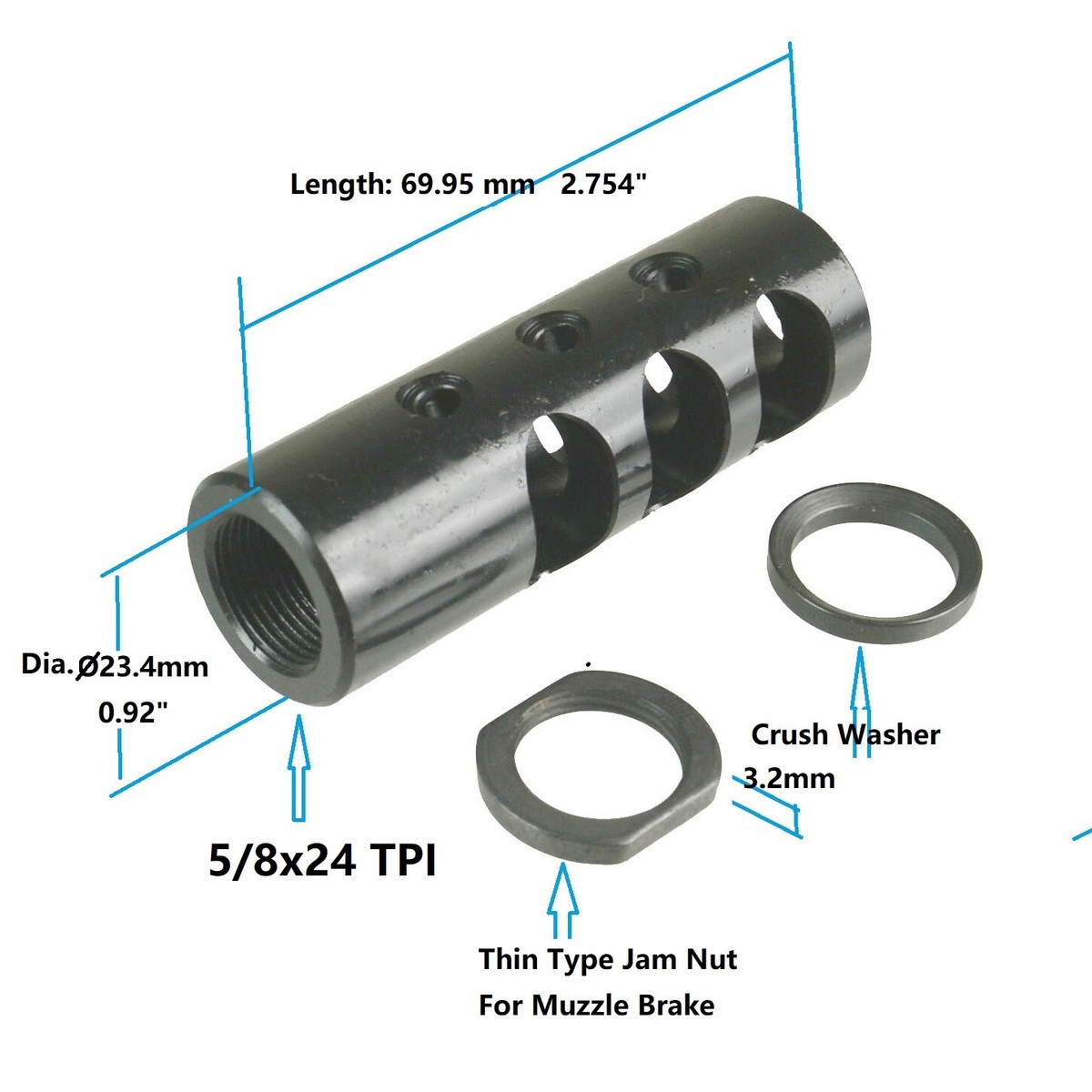 Steel Full Size Competion Muzzle Brake 5/8x24 TPI F 308 300BLK 338