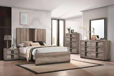 SLEEK 5PC LED Modern Rustic Italian Two-Tone Gray Black Queen King Bedroom Set