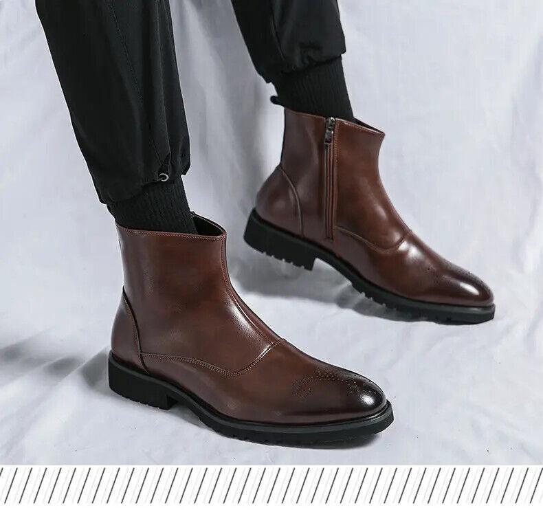 business casual dress boots Men's British Formal Pointed Toe Zip UP Ankle Party Perfect for work Men's Cap Toe Leather Ankle