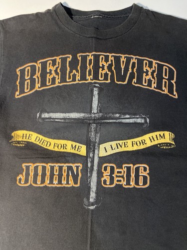 Vtg Faded T-shirt John 3:16 Believer Size XS/S Distressed Religious Big Print - 第 2/6 張圖片