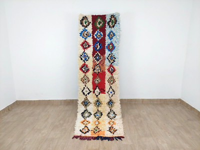 Moroccan Boujad Vintage Runner Rug White Beige Colorful Handmade Long Rug 2x8 ft