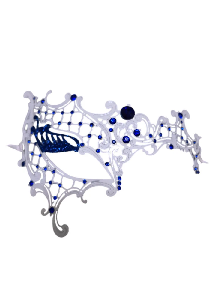 White Blue Crystal Glitter Lady Phantom Laser Masquerade Metal Filigree Mask - Image 2 of 2