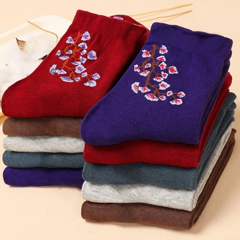 5 Paires Femme Coton Mélange Floral Chaussettes Prune Fleur Motif Collants Thick - Photo 4/4