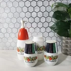 Vintage Gemco Corelle Spice of Life Milk Glass Ketchup Mustard Salt & Pepper