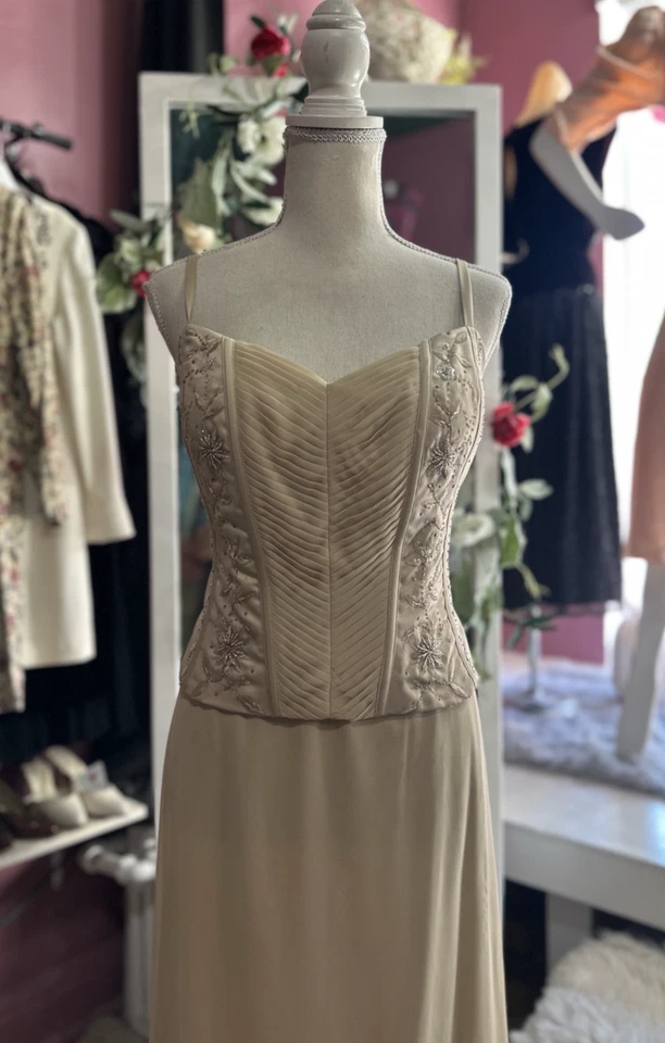 Maxi Vestido Formal Sin Mangas Corsé Vintage Años 90 Cuentas Doradas Noche Baile de graduación M Foto 3 de 4