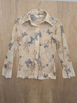 lady arrow button up womens S long sleeve breathable butterfly see through arnel