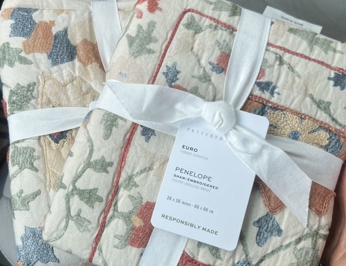 New Set of 2 Pottery Barn PENELOPE APPLIQUE HANDCRAFTED Euro Shams - Picture 2 of 5