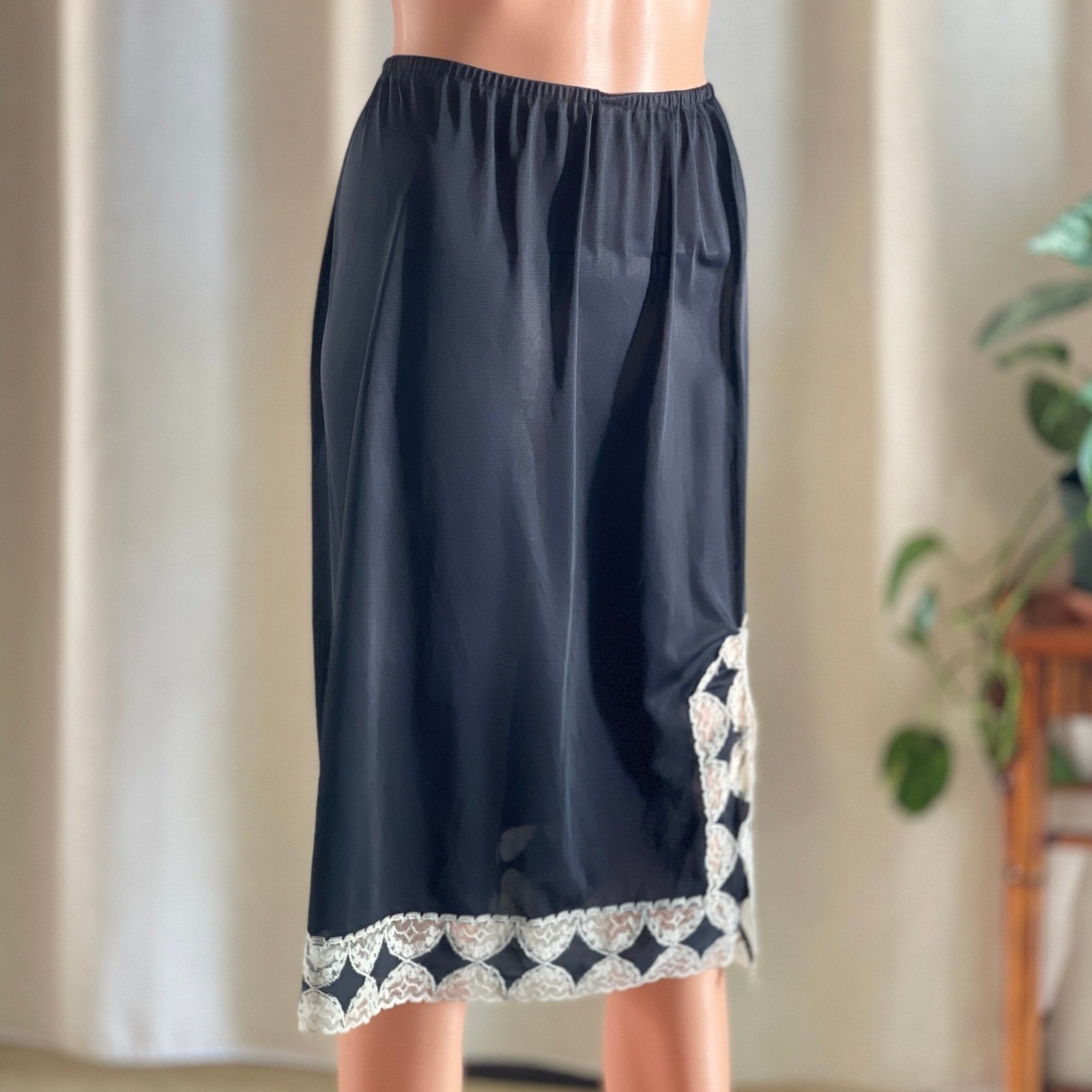 Vintage Black Nylon Half Slip Midi Skirt White Lace Trim Side Slit Elastic Waist