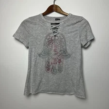 Modern Lux Women’s Hamsa Hand Graphic Retro 90’s Lace Up V-neck T-Shirt Size XS