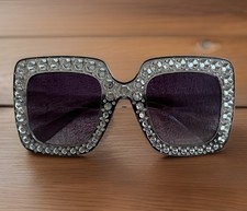 Disco Silver Rhinestone Sparkly Sunglasses with Purple Lenses New