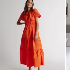 Quince 100% Organic Cotton Poplin Tiered Maxi Dress Orange XS