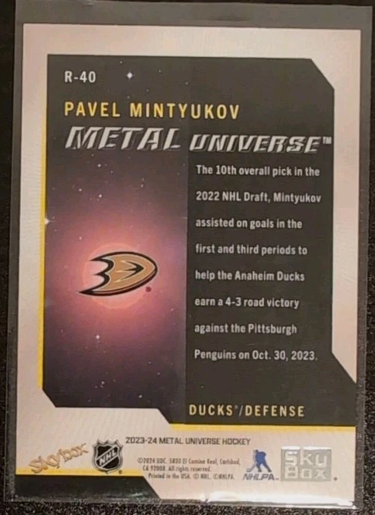 Pavel Mintyukov Rookie #R-40 2023-24 SkyBox Metal Universe 2008-09 Rookie Retros - Image 2 of 2