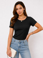 Womens Ribbed Short Sleeve Top Black Size M Slim Fit Stretch Casual Tee