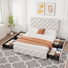 Queen Size Bed Frame with 4 Storage Drawers and Adjustable Headboard,White