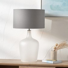 Image of White Table Lamp with Grey Drum Shade Frosted Glass Contemporary Bedside Light