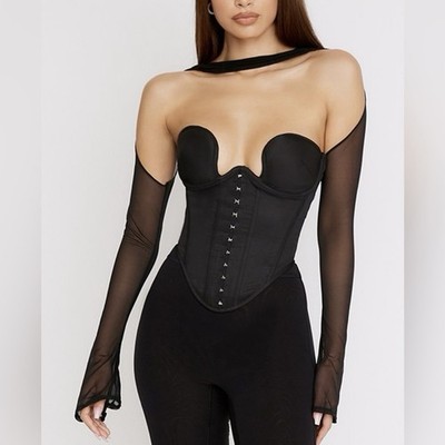 HOUSE OF CB Mina Black Structured Corset Top Mesh Sleeve Cutout Choker Size XS