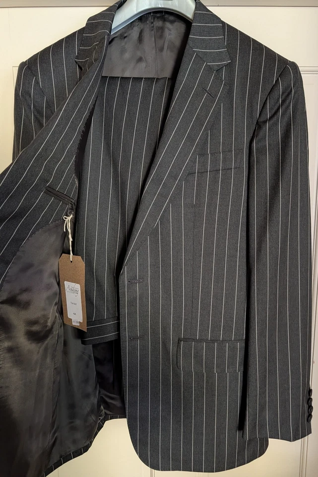 Nuevo con etiquetas Traje Lutwyche Savile Row Negro Rayas Lona Completa Pestañas Laterales Inglaterra 40R Foto 2 de 4