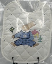 Baby Bib Handmade Embroidered Bunny Blue Handcraft Cross Stitch Shower Gift New