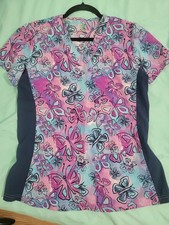 Womens Scrub Top Purple, Pink, And Blue Butterflies Size Small