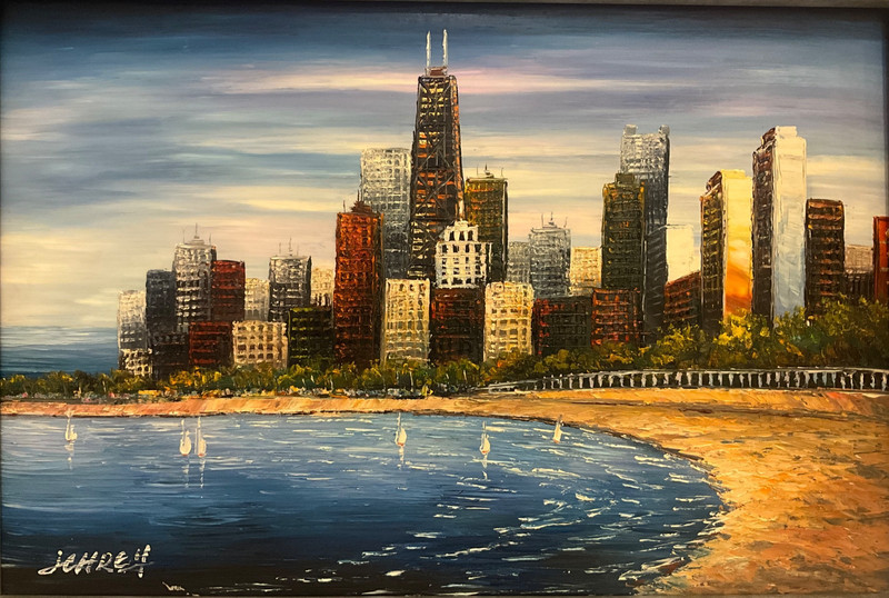 Oil Painting 24x36" Chicago Skyline, John Hancock building, tall buildings 
