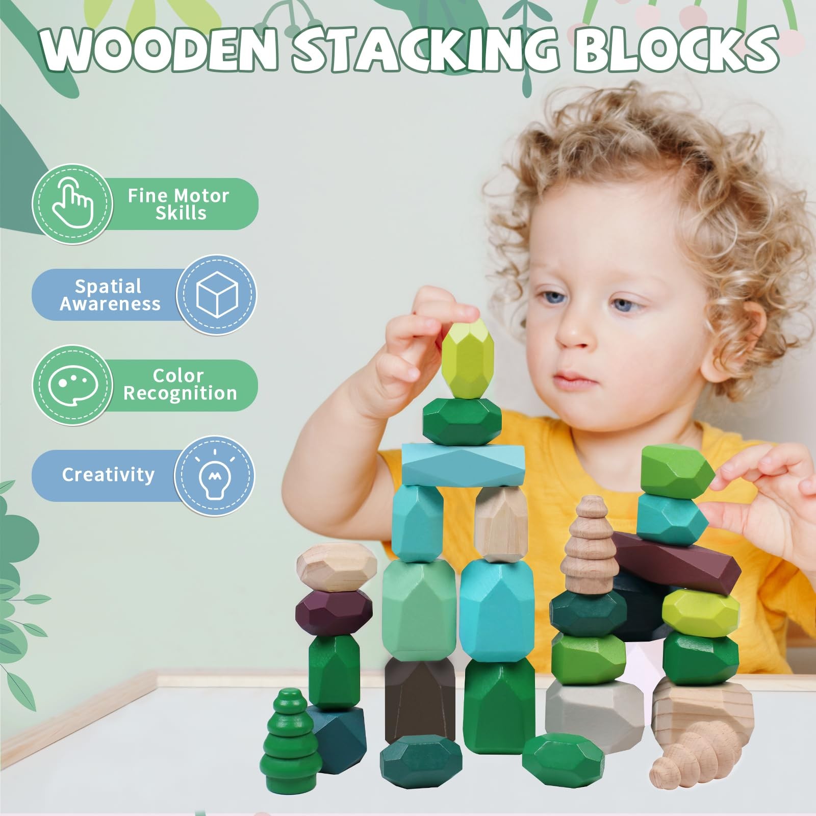 40 PCS Wooden Stacking Rocks Building Blocks Forest Theme, Sensory Learning M...