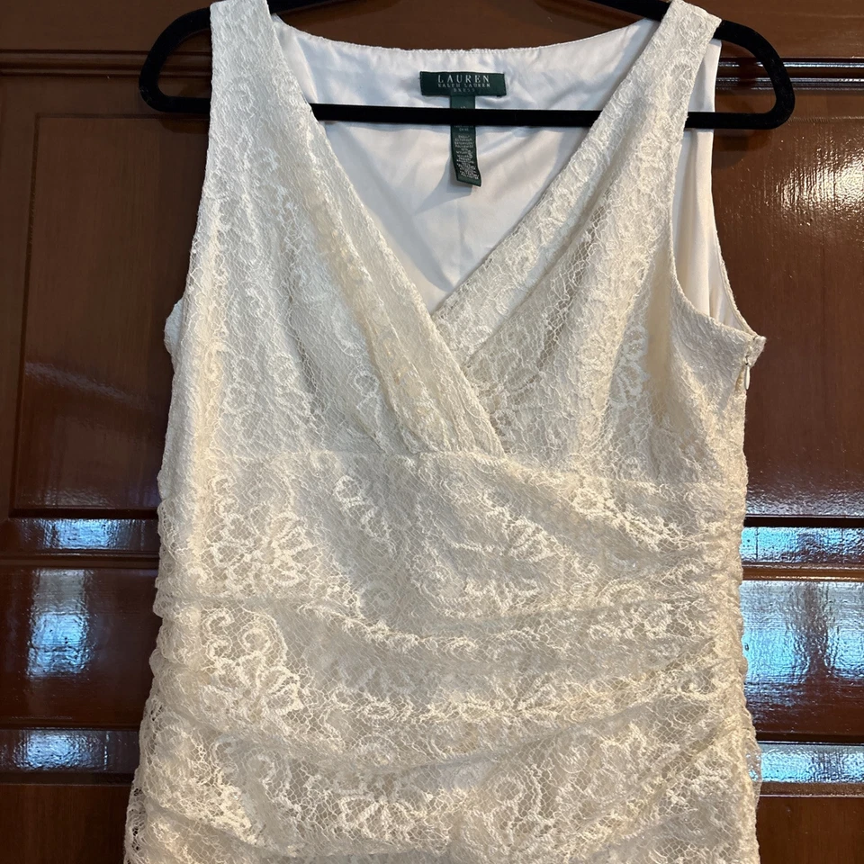 LAUREN RALPH LAUREN WOMANS DRESS OFF WHITE LACE SHEATH SIZE 12 SLEEVELESS - Image 3 of 4
