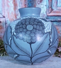 Floral Vase Coyote Birds Blue Gray Handmade Michoacán Mexican Folk Art Large Sz