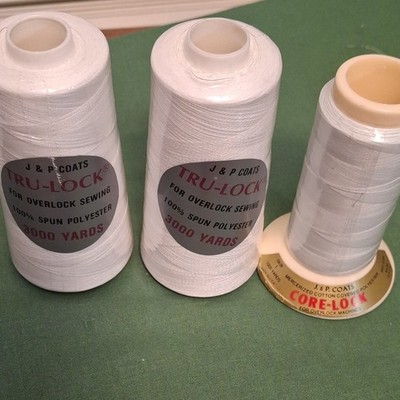 J&P Coats Tru-Lock 3000yd + Core-Lock 1000yd White Polyester Thread Lot