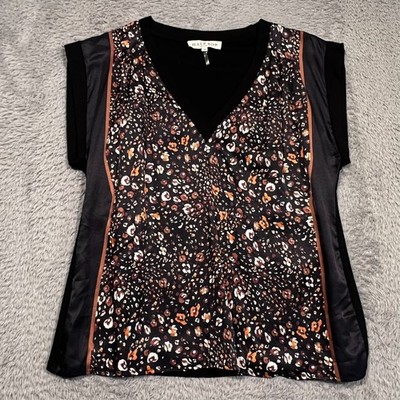 Hale Bob Top Blouse Silk Blend Cap Sleeve Floral V-Neck Stretch Women's M