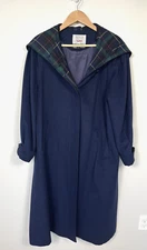 Vingage Avoca Collection Ireland Coat Women S Navy Pure Wool Cashmere Plaid Hood