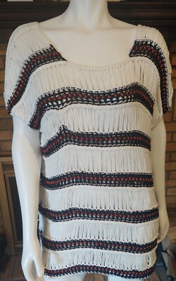 Etro White Black & Rust Woven Open Loop  Cotton Oversized Tunic Sweater Size 46