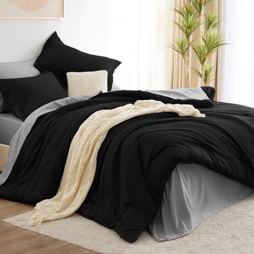 Comforter Set and Grey, 7 Pieces Bedding Set with Comforter, Flat Queen Black