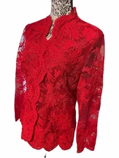 Victor Costa Women’s Size 12 Red Lined Lace Snap Front Blouse Sheer Sleeves