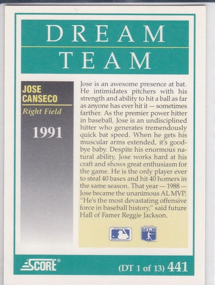 JOSE CANSECO 1991 Score Dream Team Baseball Card SHIRTLESS Oakland A's LE! - Image 2 of 2