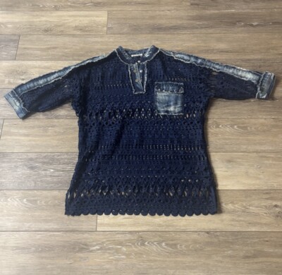 Adore Top Sz L Denim Jean Crochet Lagenlook Artsy Distressed Streetwear Rock