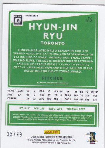 2020 DONRUSS OPTIC..HYUN-JIN RYU..PRIZM../99..# 107..BLUE JAYS..COMBINED SHIP - Bild 2 von 2