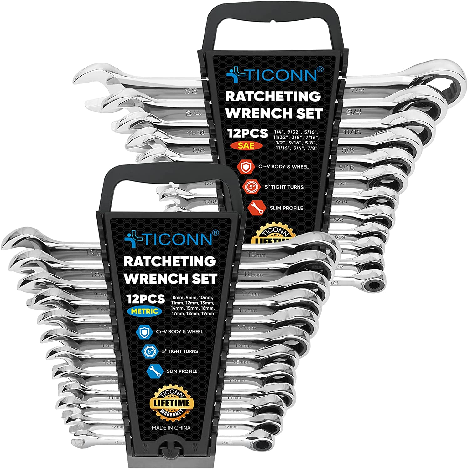 24PCS Ratcheting Wrench Set with Organizer Rack, Professional Slim Profile Mecha