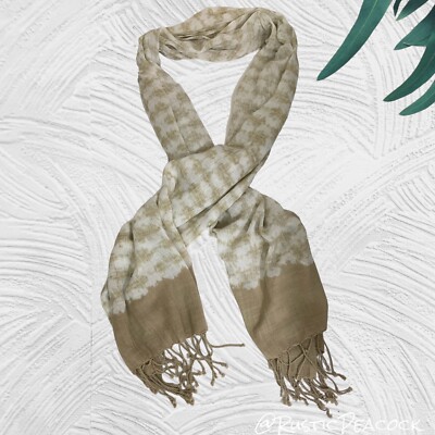 Boho Abstract Necktie Scarf Womens 74'' Tan White Neutral Casual Shawl Fringe