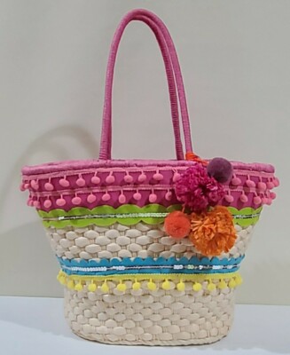 LA SERA By FRANCHI Woven Straw / Pom Pom Summer Tote Handbag Bag Purse 
