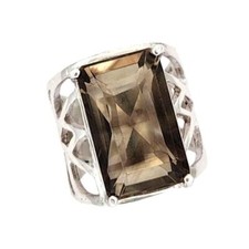 Rectangle Large Faceted Smoky Quartz Sterling Silver Ring Size 5.5 Jewelry