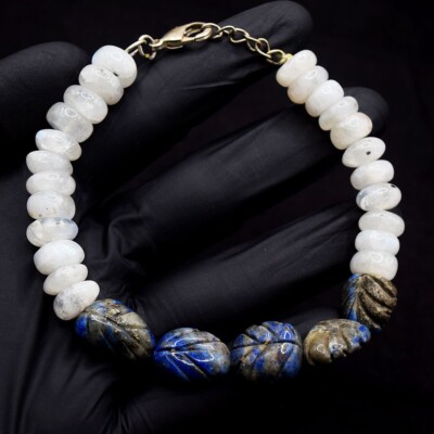 Mondstein & Lapislazuli geschnitzt 163 Karat hervorragendes Muster Perlen Armband VK 04 E660