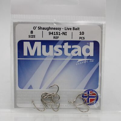 Mustad OShaughnessy Live Bait Fishing Hooks 94151-NI Size 8 10 Pack
