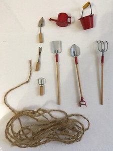 Set Of 8 Tiny Garden Tools Small Wood Handle Metal Garden Tools w/Sisal Rope