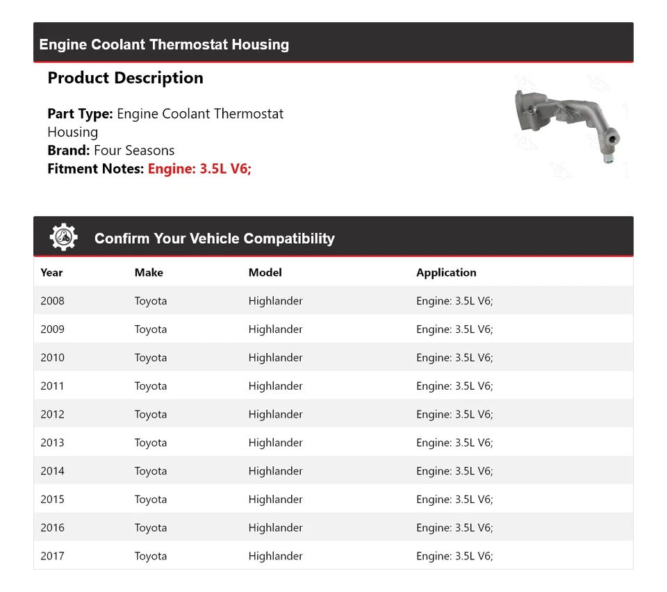 Carcasa termostato refrigerante motor Toyota Highlander 2008-2017 4 estaciones 2009 Foto 2 de 4