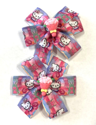 Beautiful Boquet of Pink flowers inspired set of pigtail hair bows for girls.