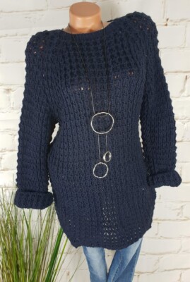 NEU KNIT WEAR CHUNKY GROBSTRICK LONG PULLOVER BOUTIQUEWARE MARINE 36-40